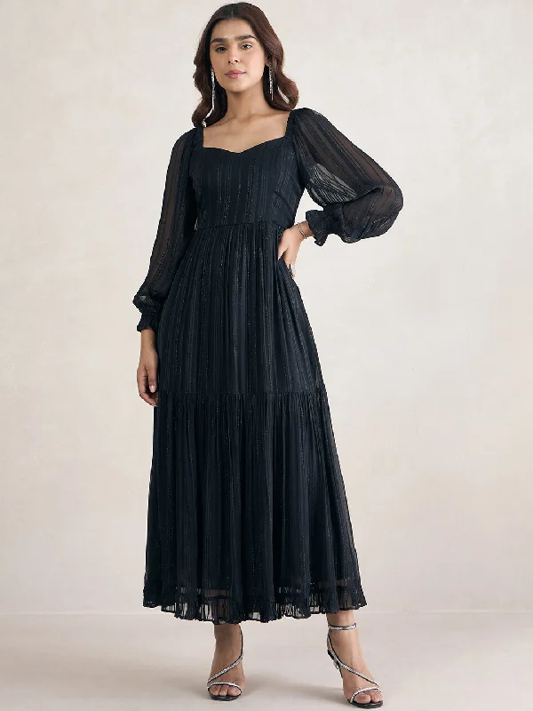 Black Lurex Sweetheart Neck Maxi Dress