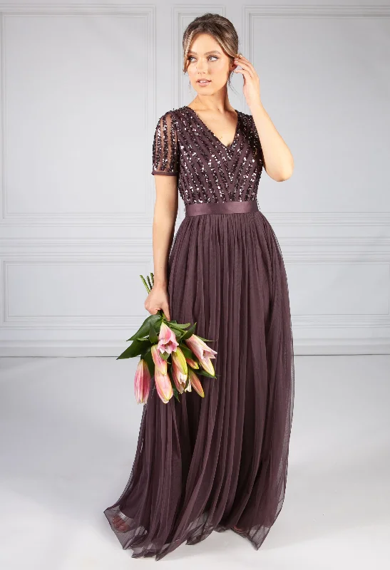 Dark Purple V Neck Sequin and Tulle Dress with Tie Waist