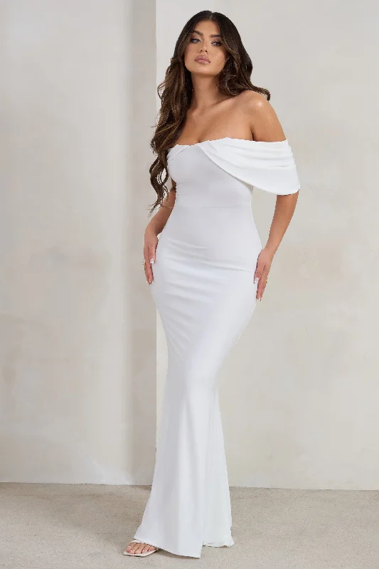 Gabrielle | White Bardot Neckline With Drape Sleeves Maxi Dress