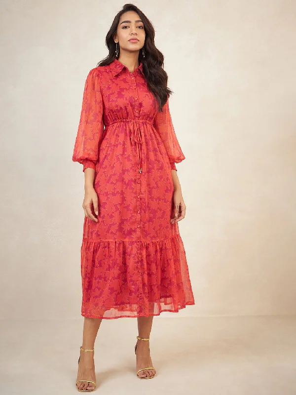 Pink Floral Print Button Down Maxi Dress