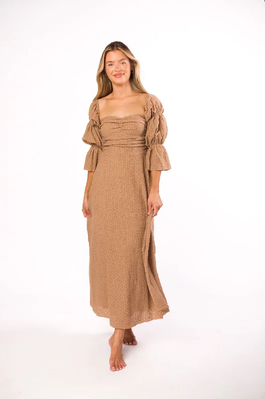 Corrine Tiered Sleeve Maxi Dress with Pockets in Caramel Taupe - Bump Friendly