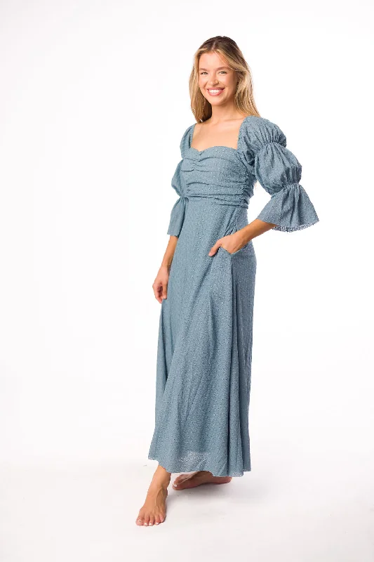 Corrine Tiered Sleeve Maxi Dress with Pockets in Dusty Sky - Bump Friendly