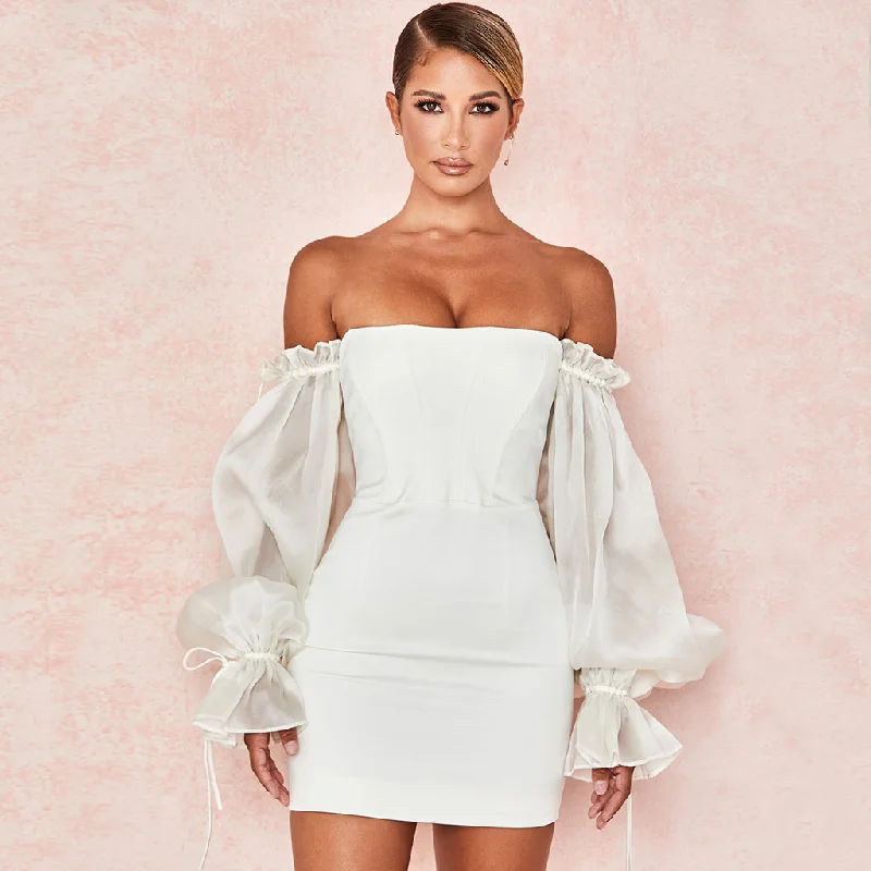 BerryBetty - Cute Off Shoulder Puff Sleeve Bodycon Party Mini Dress - White