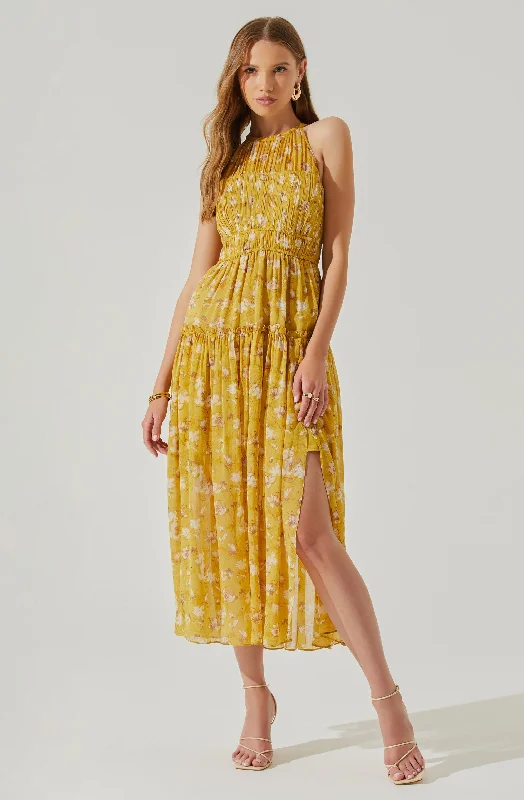 Maryam Floral Tie Neck Tiered Midi Dress