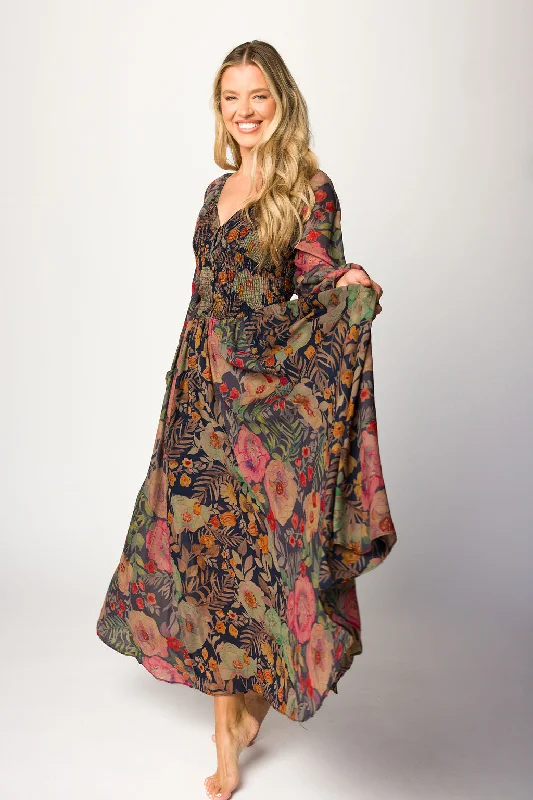 Steph Smocked Button-Front Maxi Dress in Midnight Floral