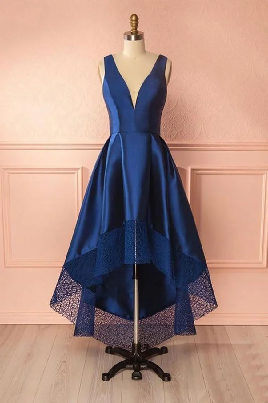 Deep Blue V Neck High Low Lace Satin Prom Dresses Bridesmaid Dresses PG384