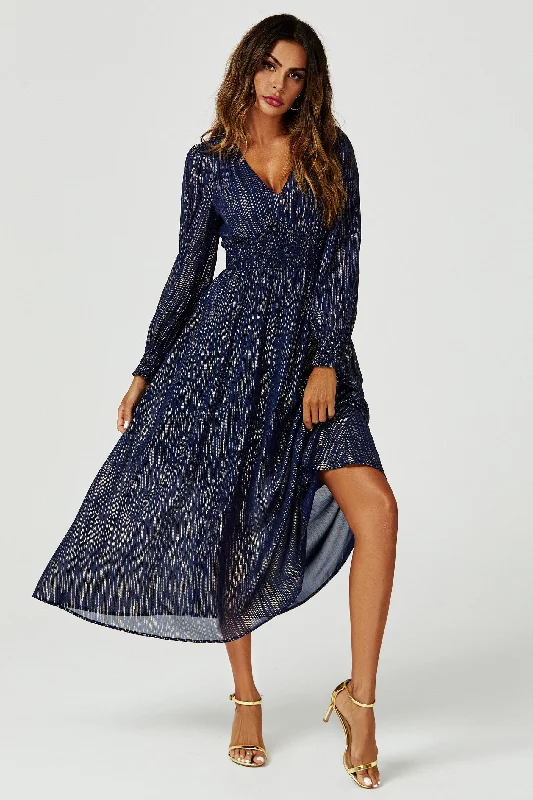 Gold Stripe Foil Long Sleeve Maxi Dress In Navy