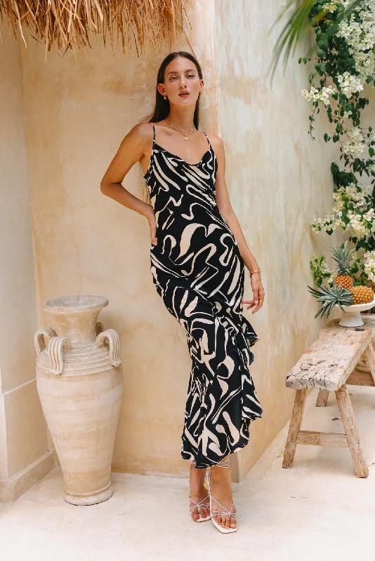 Niko Black Abstract Asymmetric Maxi Dress