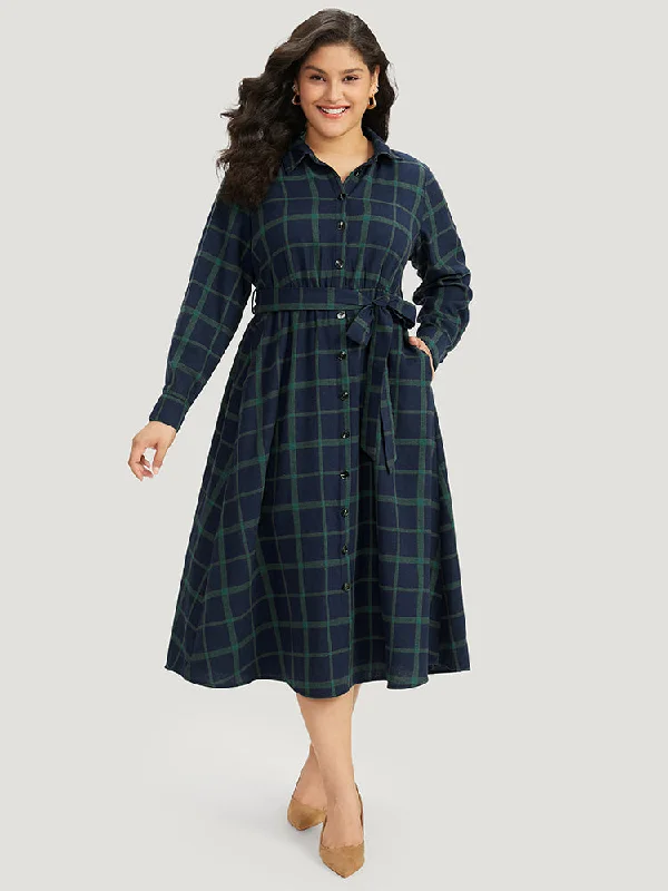 Plaid Shirt Collar Button Fly Belted Dress