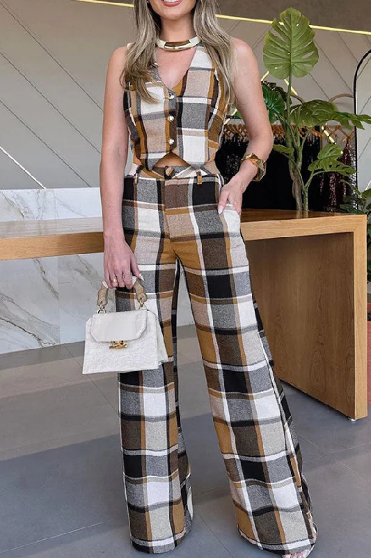 Plaid Sleeveless Feminine OL Pant Suit