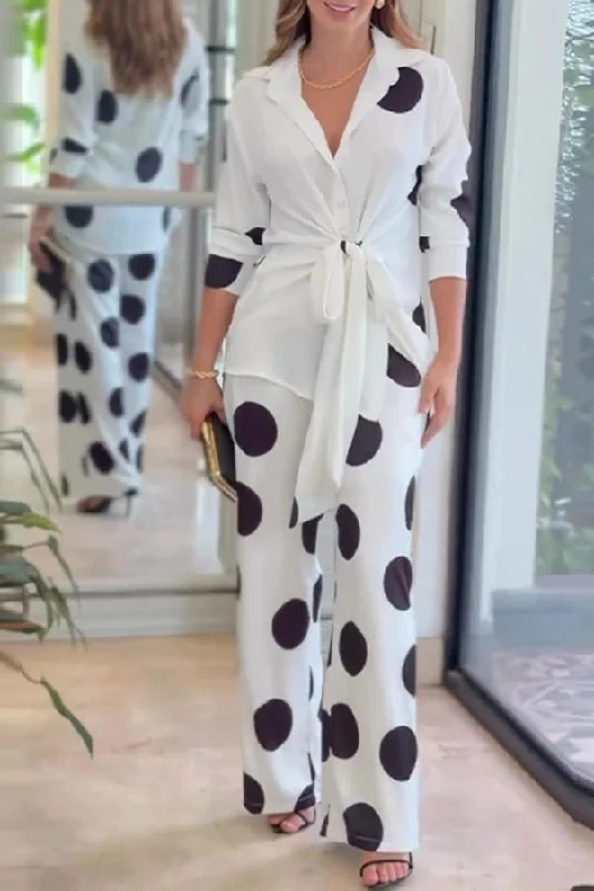 Polka Dot Feminine Lace-Up Pant Suit