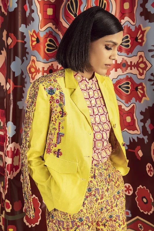 Tabriz Yellow Fringe Jacket In Organic Cotton Silk