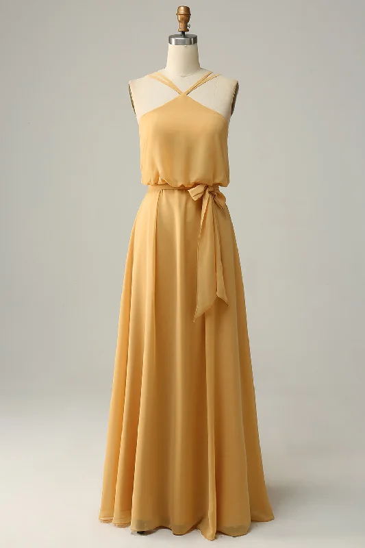 A Line Halter Yellow Long Bridesmaid Dress with Bowknot