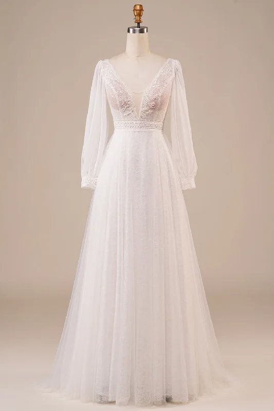 A-Line Tulle Beaded Ivory Wedding Dress with Sleeves