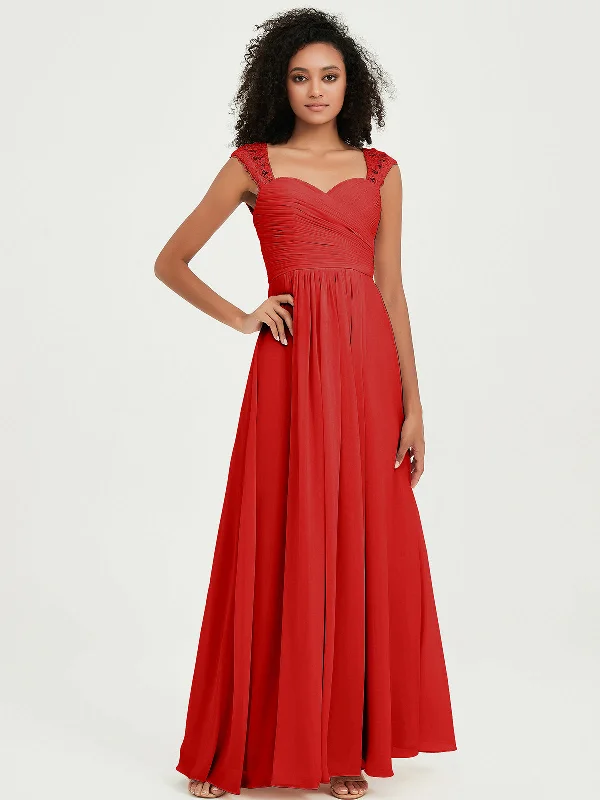 Sweetheart Chiffon Dresses with Lace Cap Sleeves Red