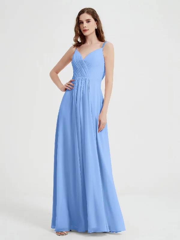 V-neck Chiffon Dresses with Beaded Straps-Blue