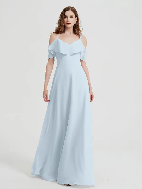 Spaghetti Straps V-neck Chiffon Long Dresses-Mist