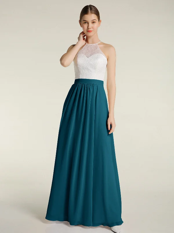 Chiffon Long Dresses with Ivory Lace Bodice-Ink Blue