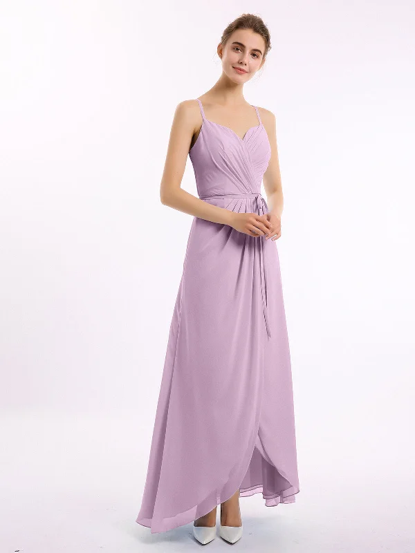 Spaghetti Strap High Low Chiffon Dresses with Bow-Wisteria