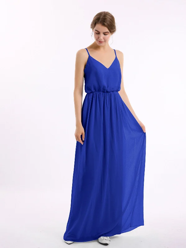 V-neck Spaghetti Strap Chiffon Bridesmaid Dresses-Royal Blue