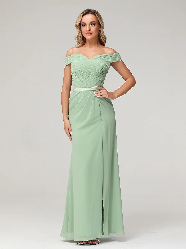 Chiffon Off Shoulder Dresses with Slit-Dusty Sage