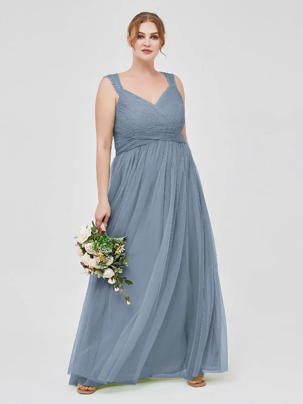 Cross-Pleated Tulle Long Dresses with Beaded Straps Dusty Blue Plus Size