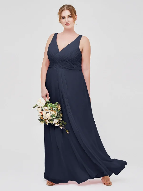 V-neck Chiffon Bridesmaid Dress with Open Back Dark Navy Plus Size