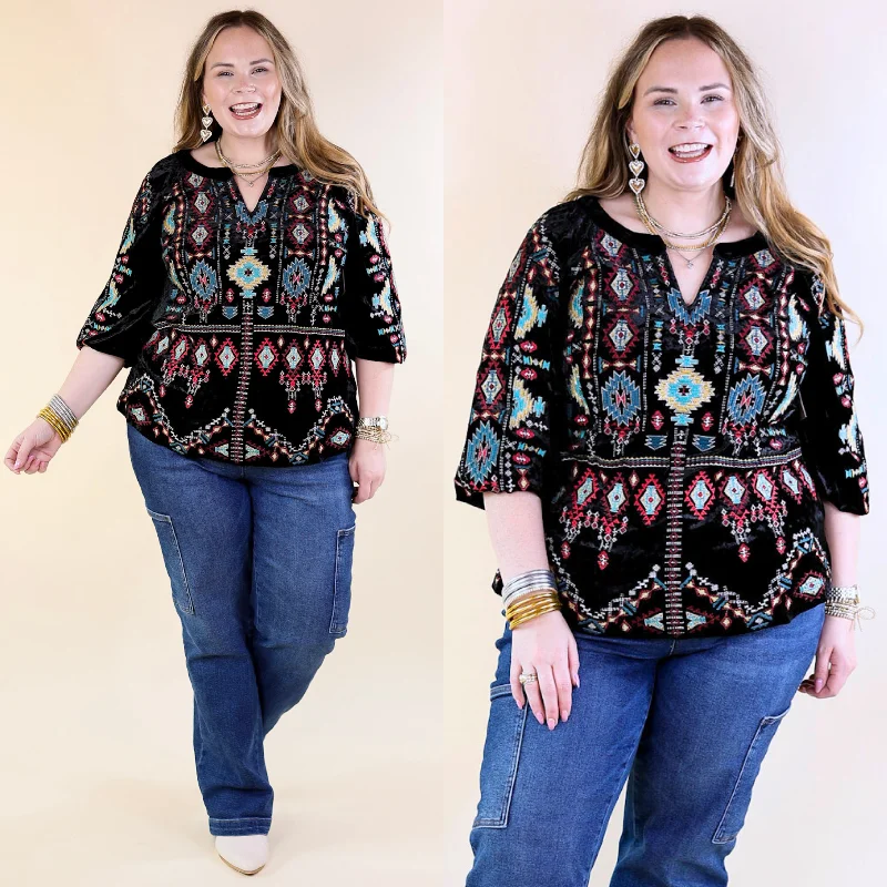 Divine Life Aztec Embroidered Velvet Top with 3/4 Sleeves in Black