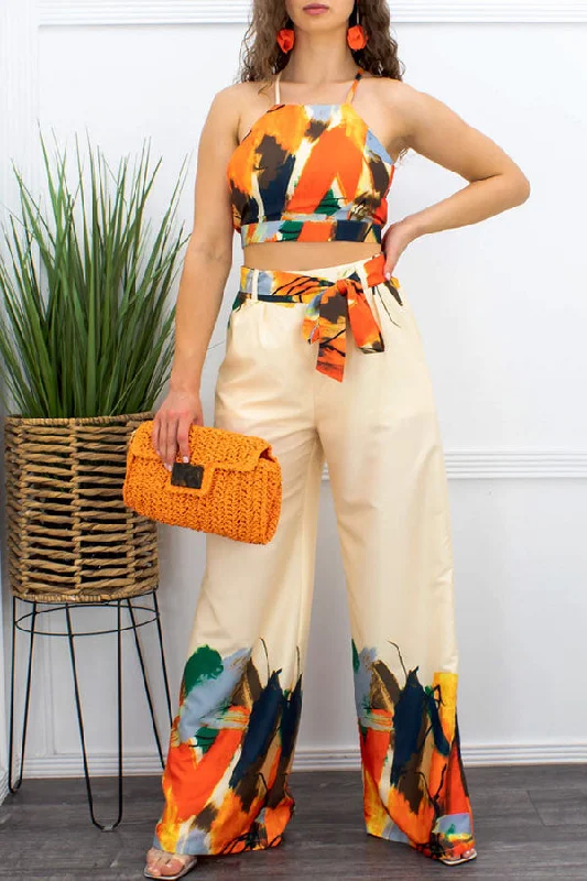 Graffiti Print Tropical Lace-Up Wide Leg Pant Suit