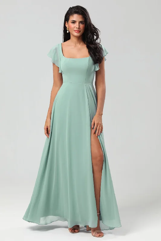 Green Square Neck Chiffon Bridesmaid Dress with Ruffles