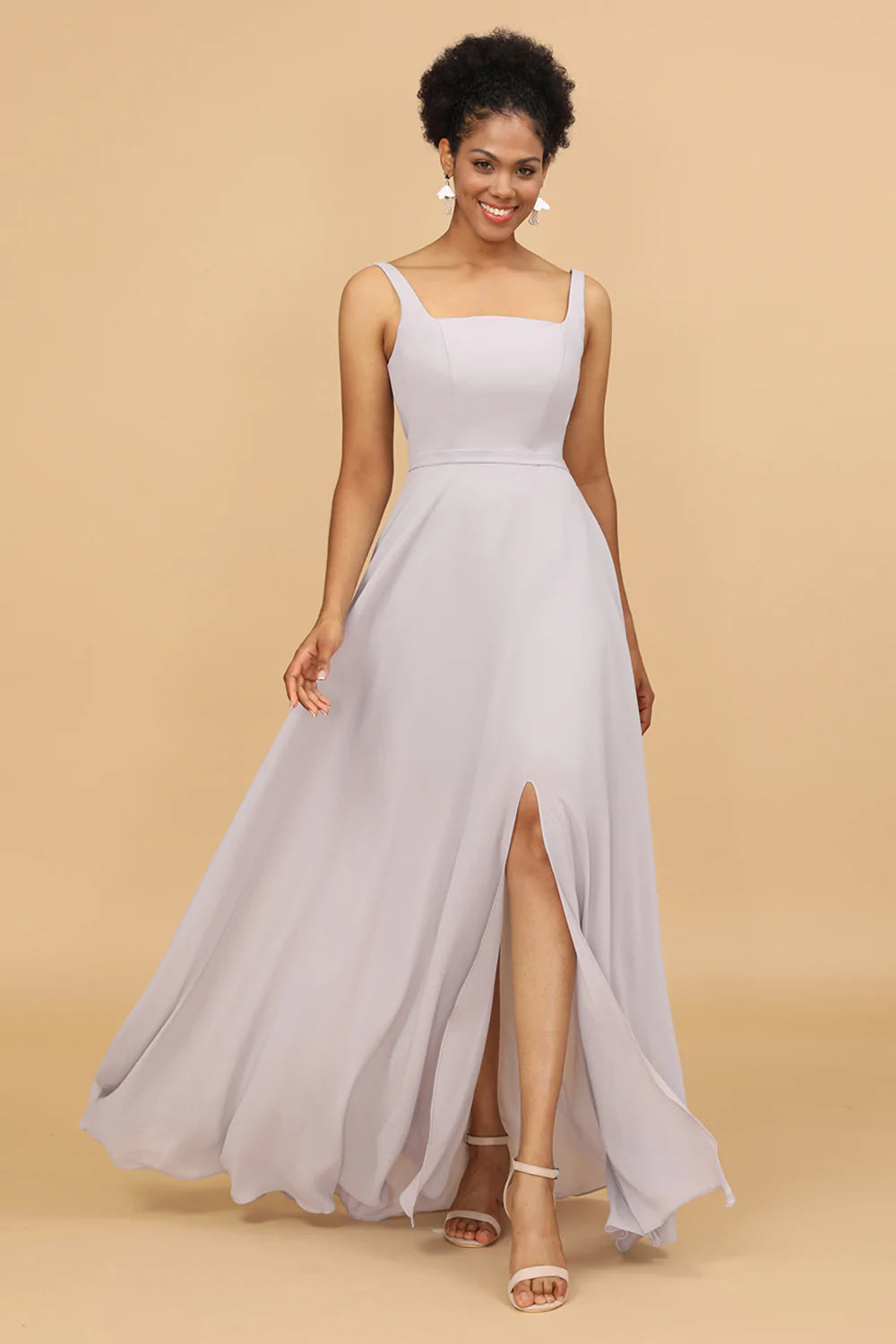 Grey Square Neck Chiffon Bridesmaid Dress