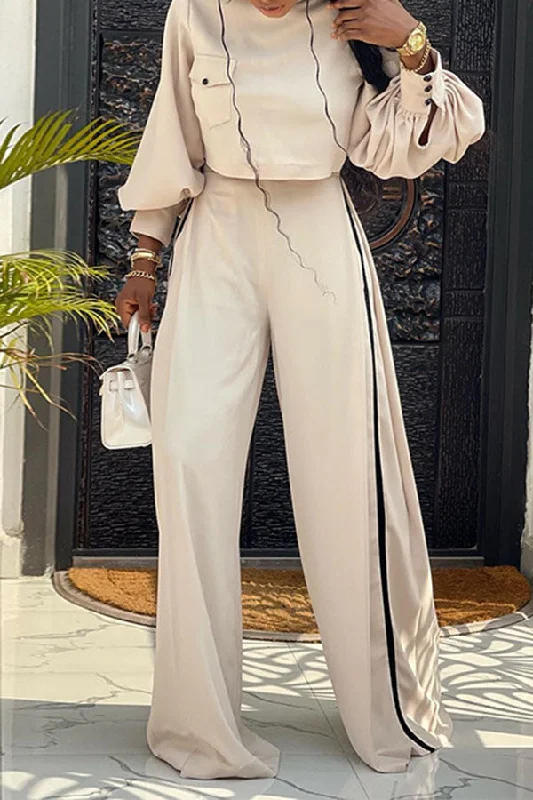 Hit Color Casual Wide Leg Pant Suit