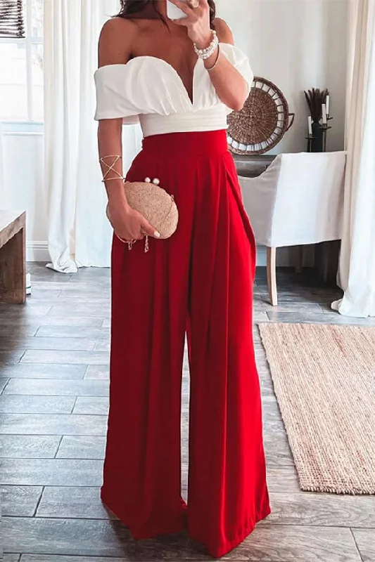 Hit Color Elegant Off Shoulder Wide Leg Pant Suit