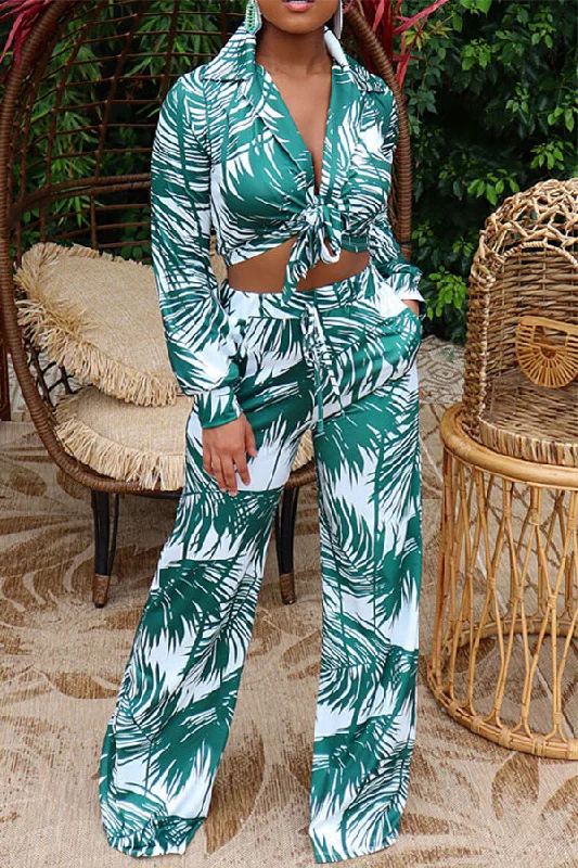 Leaf Print Tropical Lace-Up Wide Leg Pant Suit