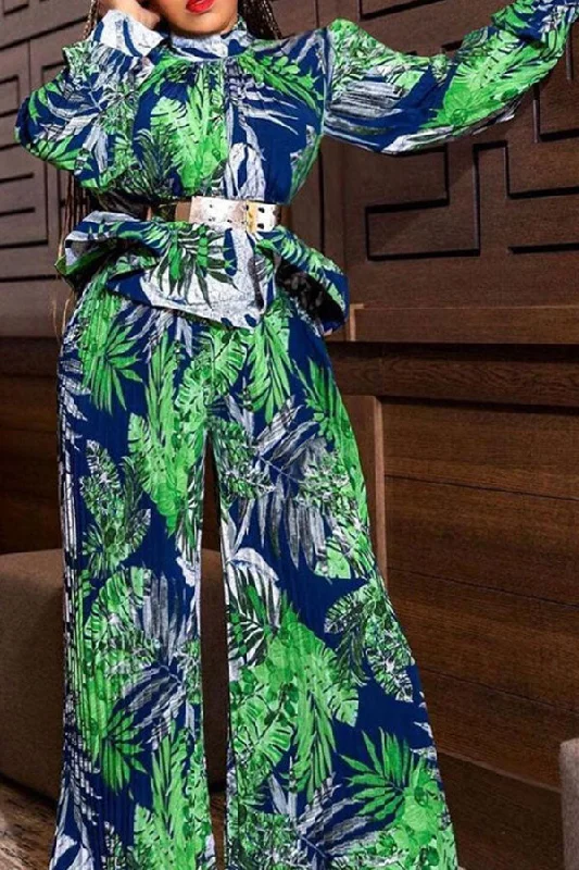 Leaf Print Tropical Peplum Wide Leg Pant Suit