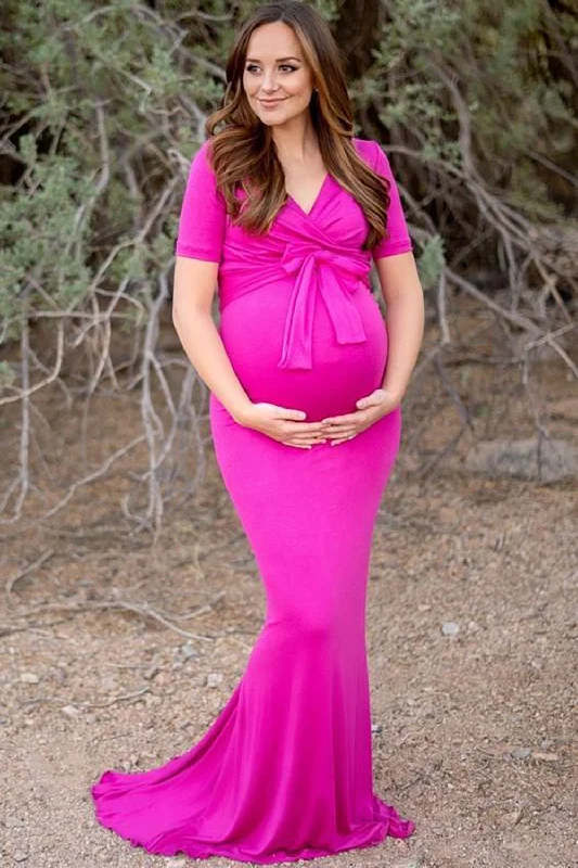 Mermaid Hot Pink Long Maternity Bridesmaid Dress with Short Sleeves