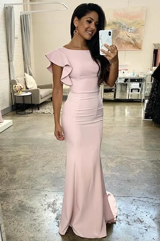 Mermaid Light Pink Long Bridesmaid Dress with Ruffles Sleeves