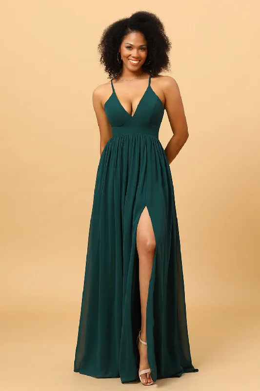 Pine A Line Lace-Up Back Chiffon Bridesmaid Dress with Slit