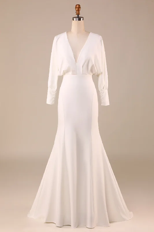 Satin Ivory Sweep Train Wedding Dress with Long Sleeves