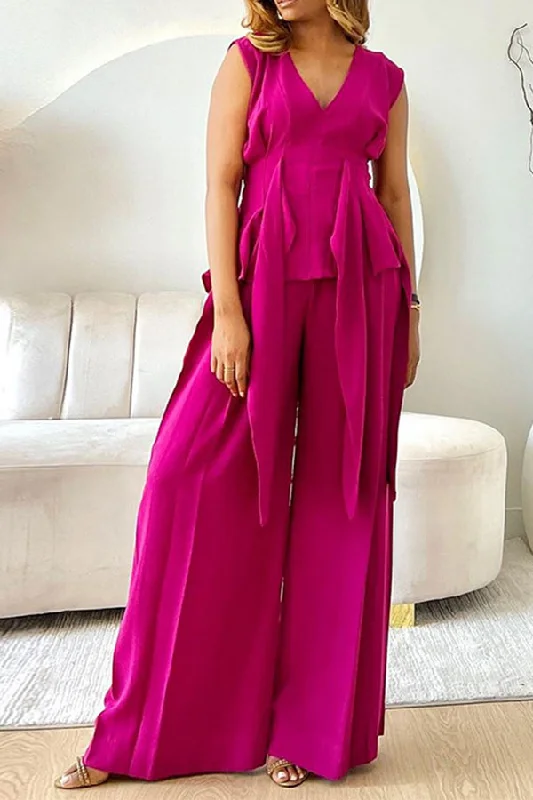 Solid Color Elegant Lace-Up Wide Leg Pant Suit