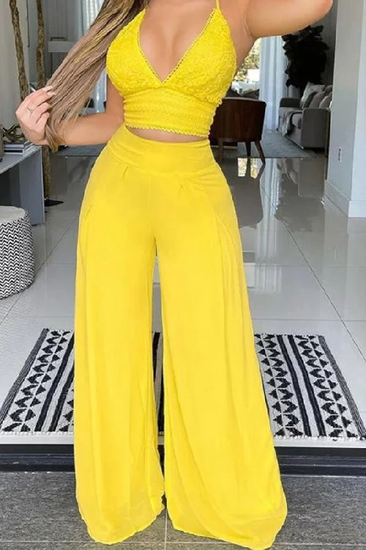 Solid Color Lace Flattering Wide Leg Pant Suit