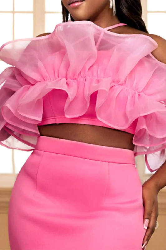 Solid Color Ruffles Cross Halter Versatile Crop Blouse