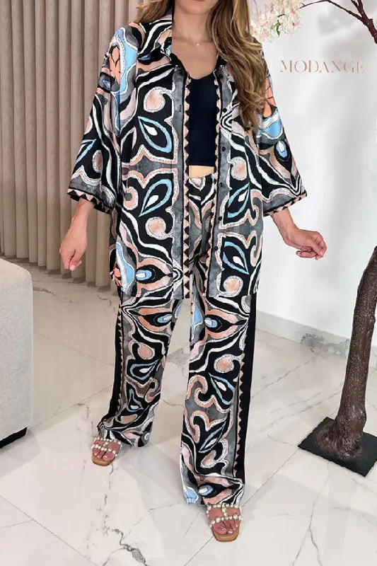 Tribal Print Patchwork Relaxed Wide Leg Pant Suit