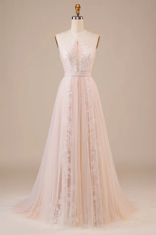 Tulle Halter Keyhole Champagne Wedding Dress with Appliques