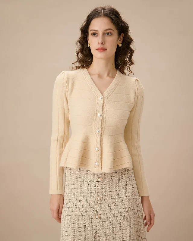 Apricot V Neck Single-breasted Srtiped Cardigan