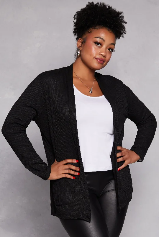 Plus Size Ribbed Knit Open Front Cardigan