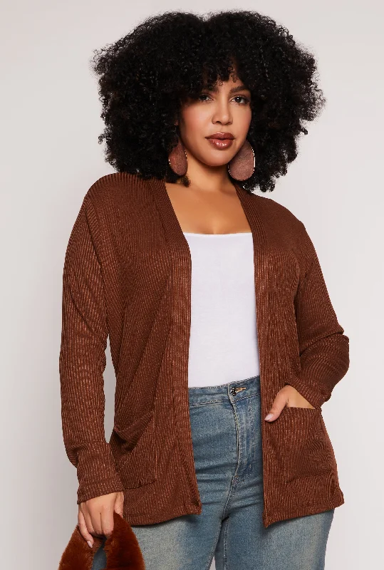 Plus Size Ribbed Knit Open Front Cardigan