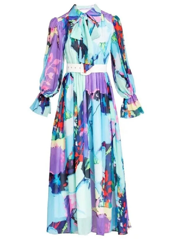 Isla Bow Tie Long Sleeve Gown Dress - Violet Purple Print