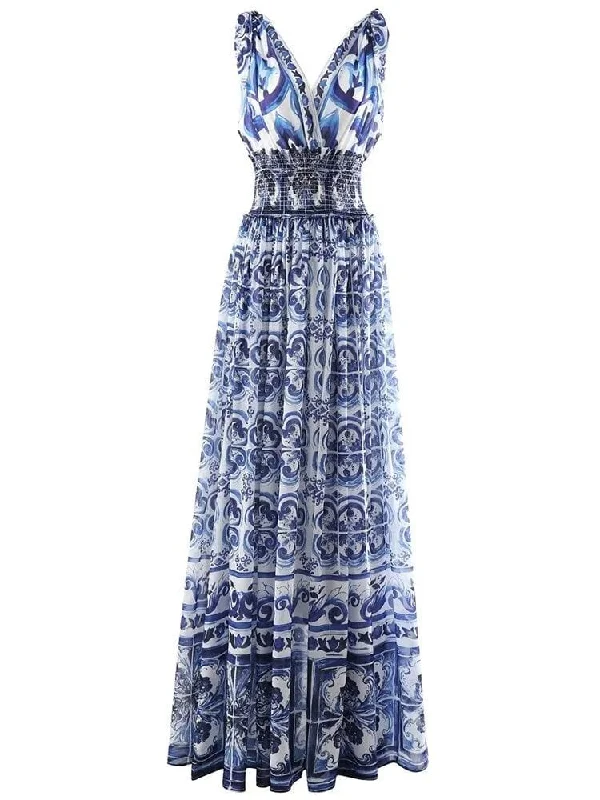 Kim V Neck Print Maxi Gown Dress - Blue Print