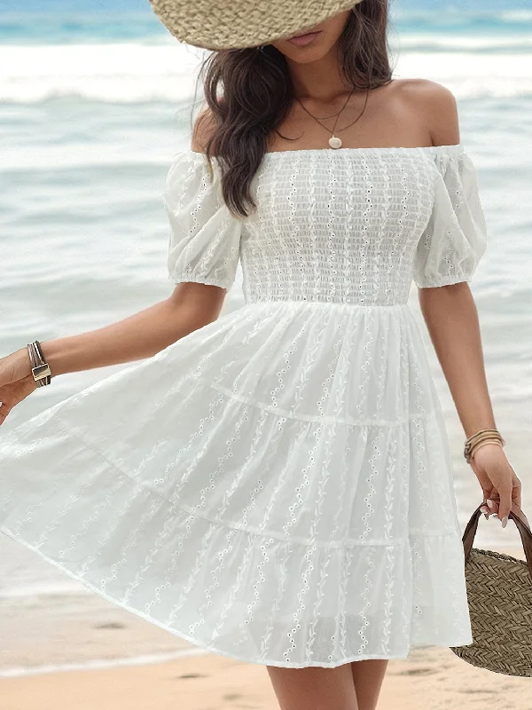 Smocked Eyelet Off-Shoulder Mini Dress